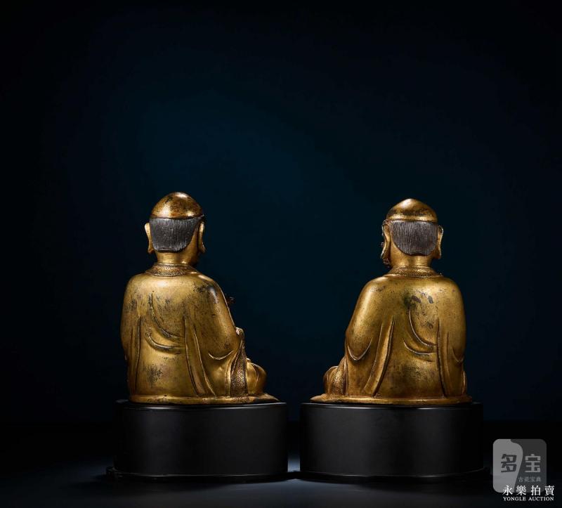 元末明初 铜鎏金男相文殊普贤菩萨坐像（一组两尊） - 图6